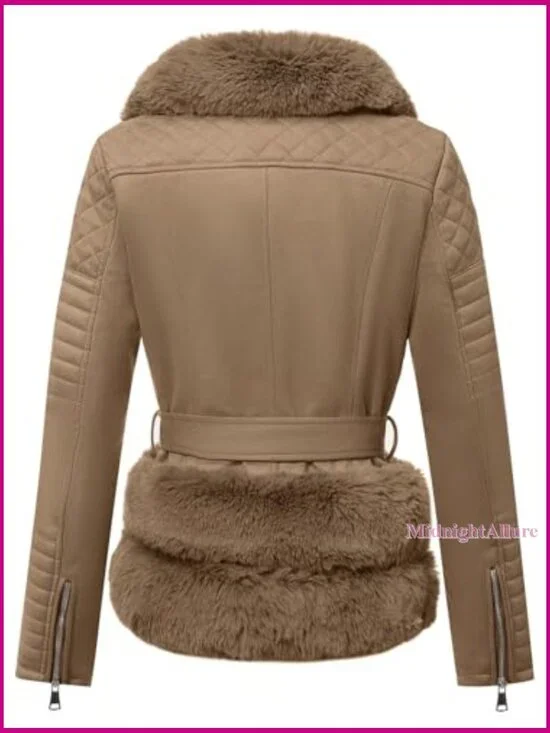 Faux Leather Moto Jacket with Removable Fur Collar Sherpa Lined Slim Fit - Picture 5 of 7